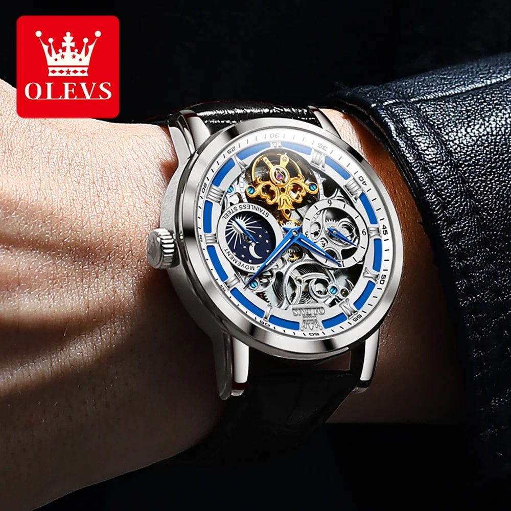 OLEVS Men Moon Phase Skeleton Mechanical Watch